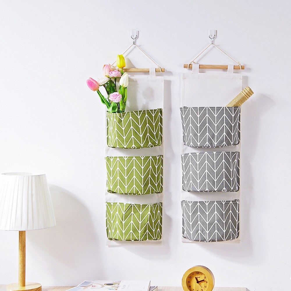 3 Pockets Wall Hanging Storage Bags Cotton Linen Door Organizer Hang Bag Wall Pouch Cosmetic Toys Home Office Organizer AUG8