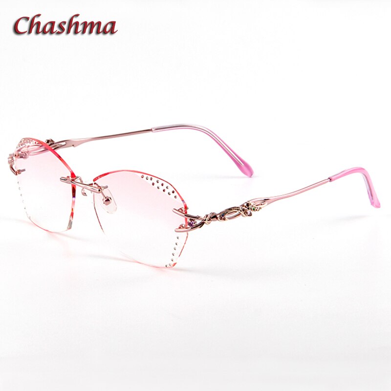 Glasses Women Eyeglasses Frames Rimless Titanium Tint Sunglasses Prescription Glass Diamonds Anti Blue Ray Anti Resistance Lens: Pink