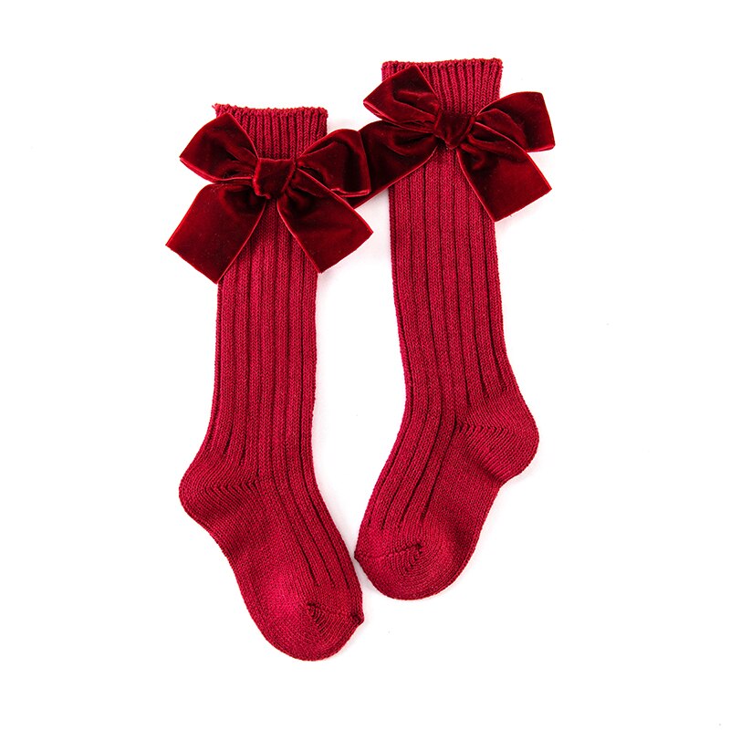 1-8y Kids Baby Kniehoge Sokken Meisjes Voor Kinderen Prinses Stijl Zware Gebreide Waggel Katoen Lange Sokken Met Fluwelen Bows: red / 0-2y