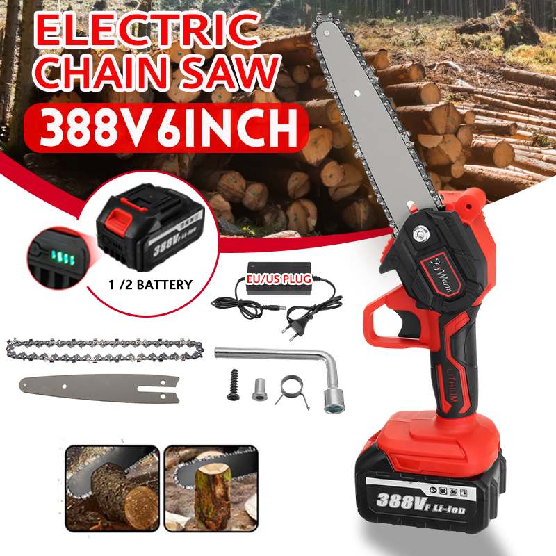 3000W 6Inch 388V Cordless Electric Chain Saw With 2Pc Battery Woodworking Cutter Pruning ChainSaw Garden Logging Saw Power Tools