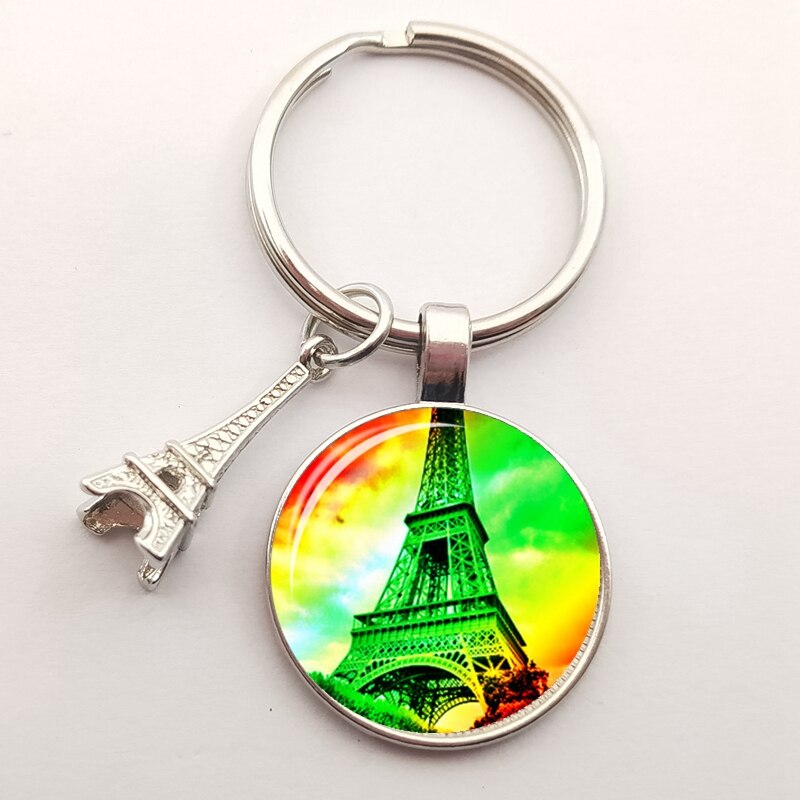 Romantic Paris Eiffel Tower Key Chains Art Lady Wander Drawing Glass Pendant Cute Keychain Keyring Women Bag Jewelry: Silver-44