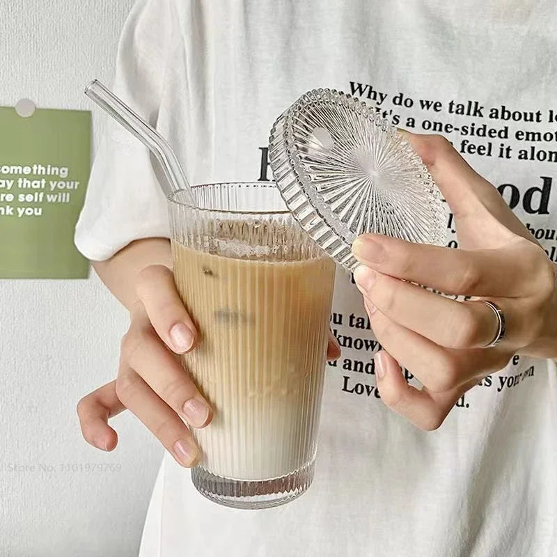Taza de vidrio a rayas de 375Ml con tapa, Pajita de estilo japonés para beber, tazas elegantes para leche, café, té, de cumpleaños, vasos de whisky