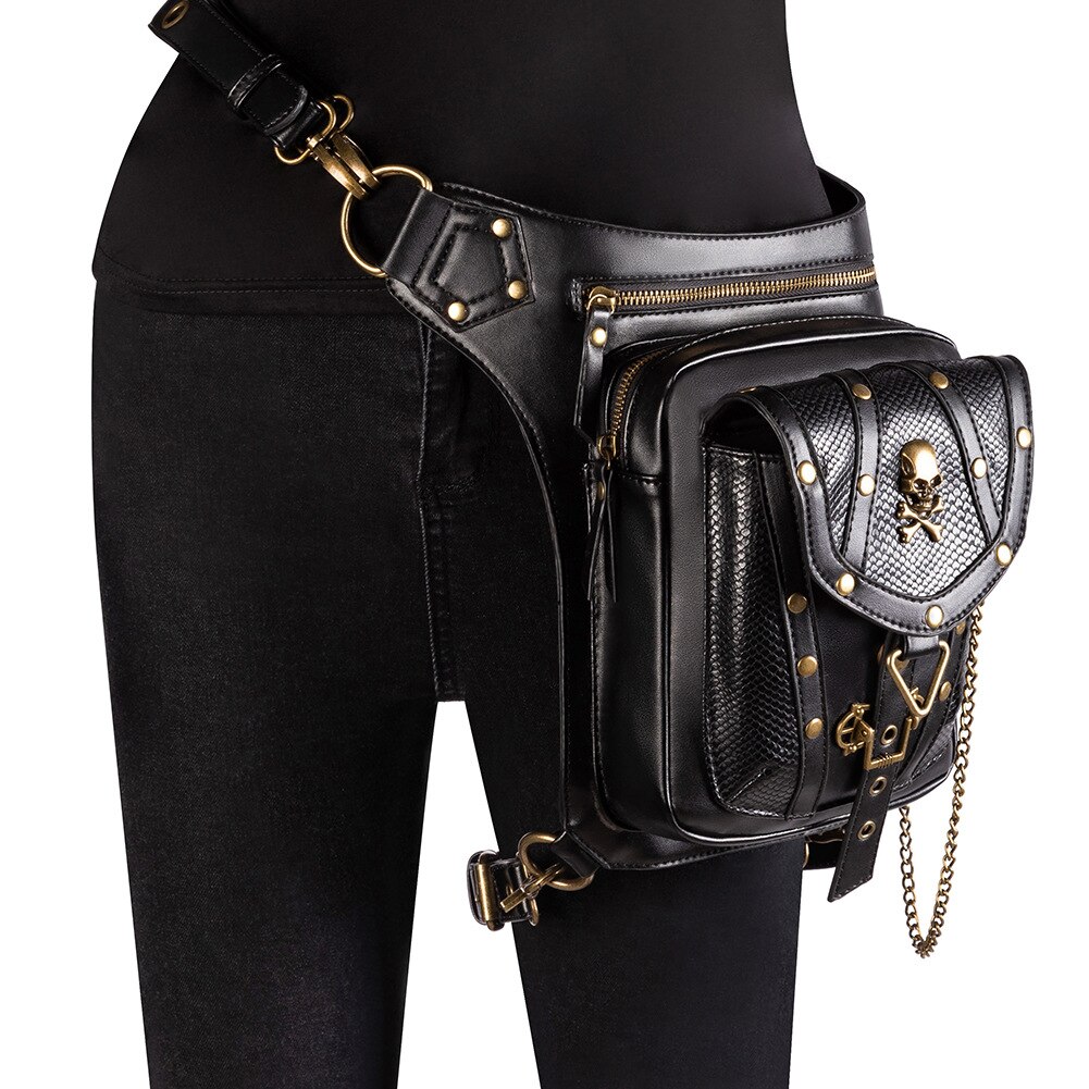 OMIKRON PU Lederen Steampunk Retro Taille Tas voor Vrouwen Mannen multifunctionele Zwart Reizen Motorfiets Crossbody Borst Fanny pack