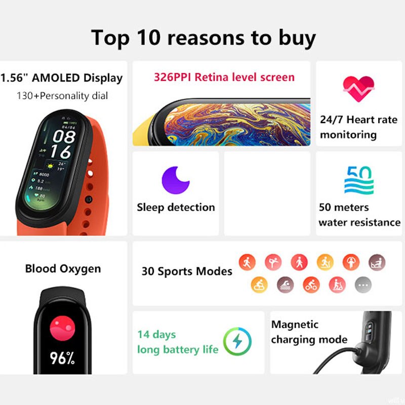 Xiaomi-pulsera inteligente Mi Band 6, dispositivo con control del ritmo cardíaco y del oxígeno en sangre, Pantalla AMOLED a Color de 1,56 pulgadas, Bluetooth, 5 colores