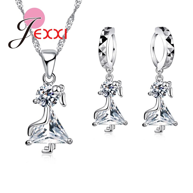 Eenvoudige 925 Sterling Zilveren Bruiloft Sieraden Sets Zirconia Cz Crystal Dance Meisje Ketting Oorbellen Sieraden Set