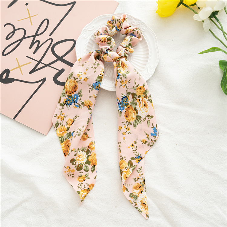 Druck Bogen Satin- Mädchen Elastische Haar Bands Haar Zubehör Lange Band Pferdeschwanz Schal Haar Krawatte Frauen Scrunchies Stirnband