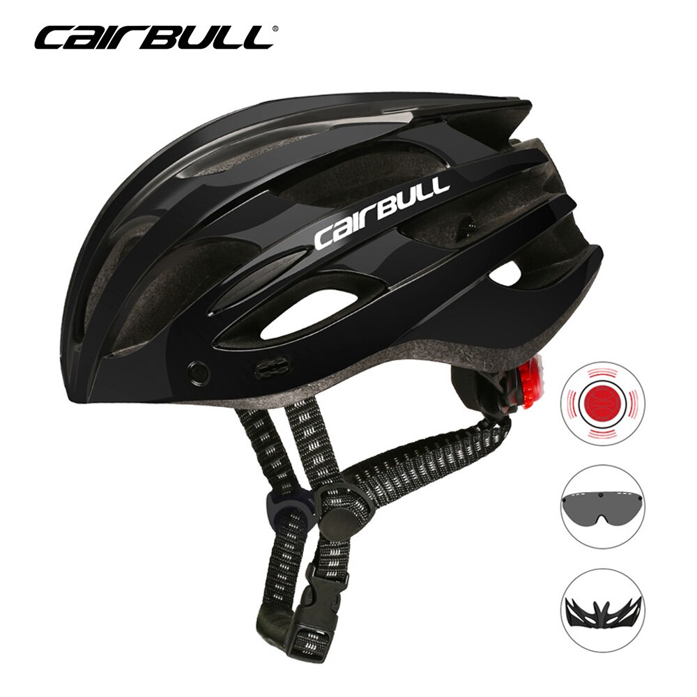 Cairbull-casco de ciclismo con 3 lentes, luz LED trasera con visera extraíble, gafas de seguridad Casco de Bicicleta de carretera, moldeados integralmente, cascos de MTB: black