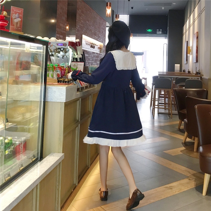 Kesätyttö sarjakuva sininen valkoinen merimies kaulus mekot koulupuku tytöt preppy söpö solmio lyhythihainen rento mekko