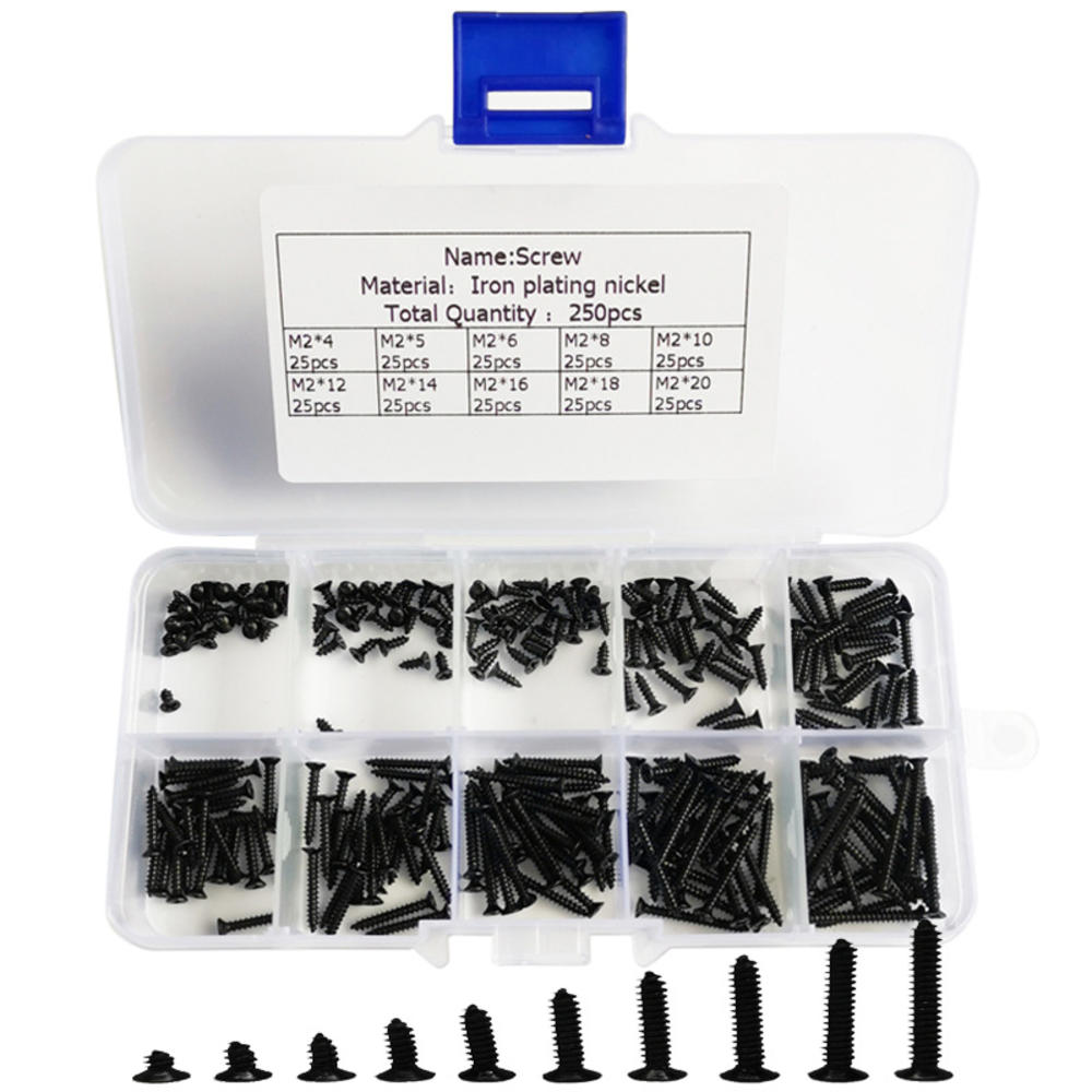 250Pcs M2 Stainless Steel Self Tapping Wood Screw Assortment Kit Lock Nut Wood Flat Head Thread Nail Screws Fastener Sets