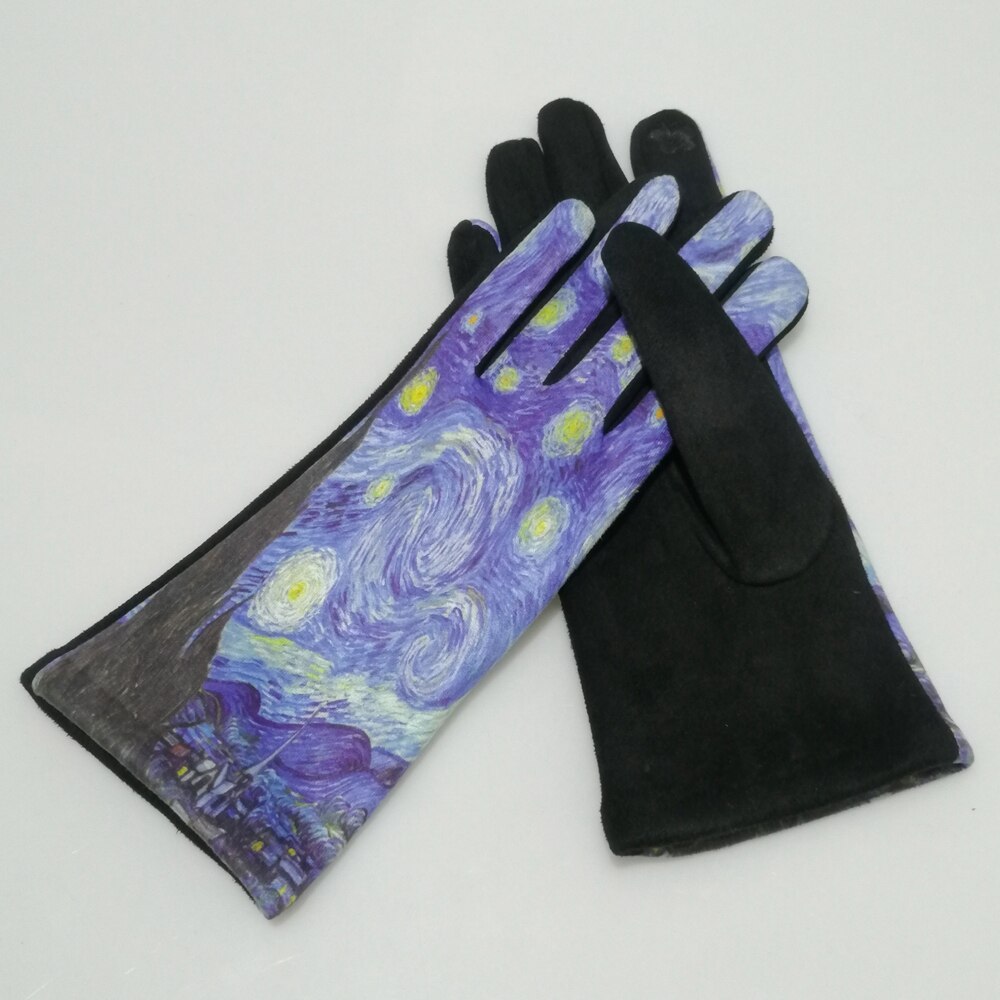 Van Gogh-Guantes De terciopelo gruesos para Mujer, manoplas De noche estrellada, guante De conducción, invierno, De ante, pantalla táctil