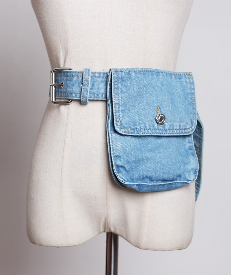 Pochete feminina estilo europeu, chique, jeans, fivela, pino, cintura, cinto para telefone, vintage, jeans, tecido, pochete: CÉU AZUL