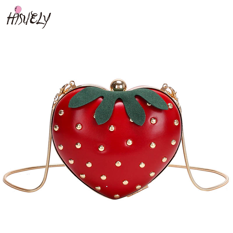 Carino Frutta Fragola a Forma di Cuore Dell'unità di elaborazione del Ribattino Mini Signore di Modo Della Catena Della Borsa Della Frizione del Sacchetto di Tote del Sacchetto di Spalla Femminile Borsa Lembo q5