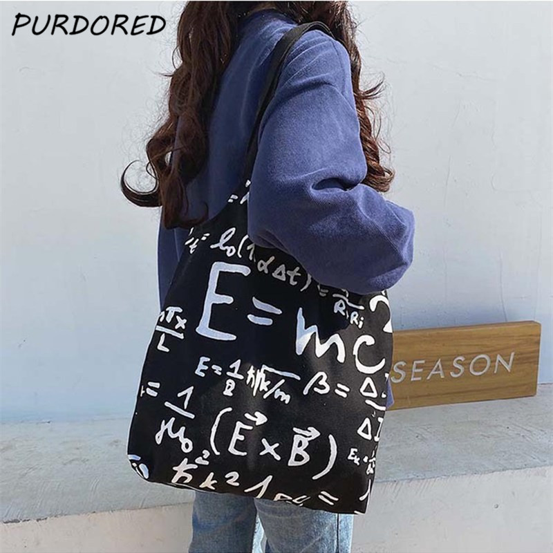Purdored 1 Pc Vrouwen Math Formule Canvas Boodschappentas Vrouwelijke Schoudertas Eco Draagtas Meisjes Herbruikbare Grocery Shopper Tote tas