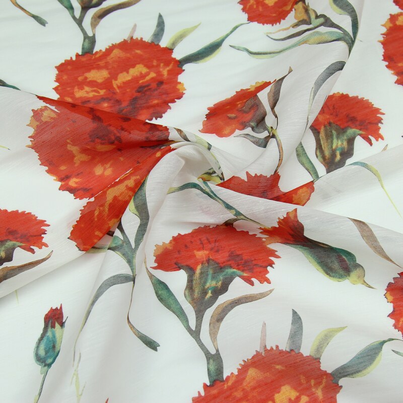 Red floral pattern print silk and linen blended fabric 13momme 55" width by yard,SLN072