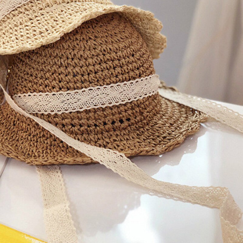 Barns stråhatt bredbremmet lue håndlaget blonder sammenleggbar strandhatt dame sommerhatt baby chapeau femme foreldre-barn lue beig