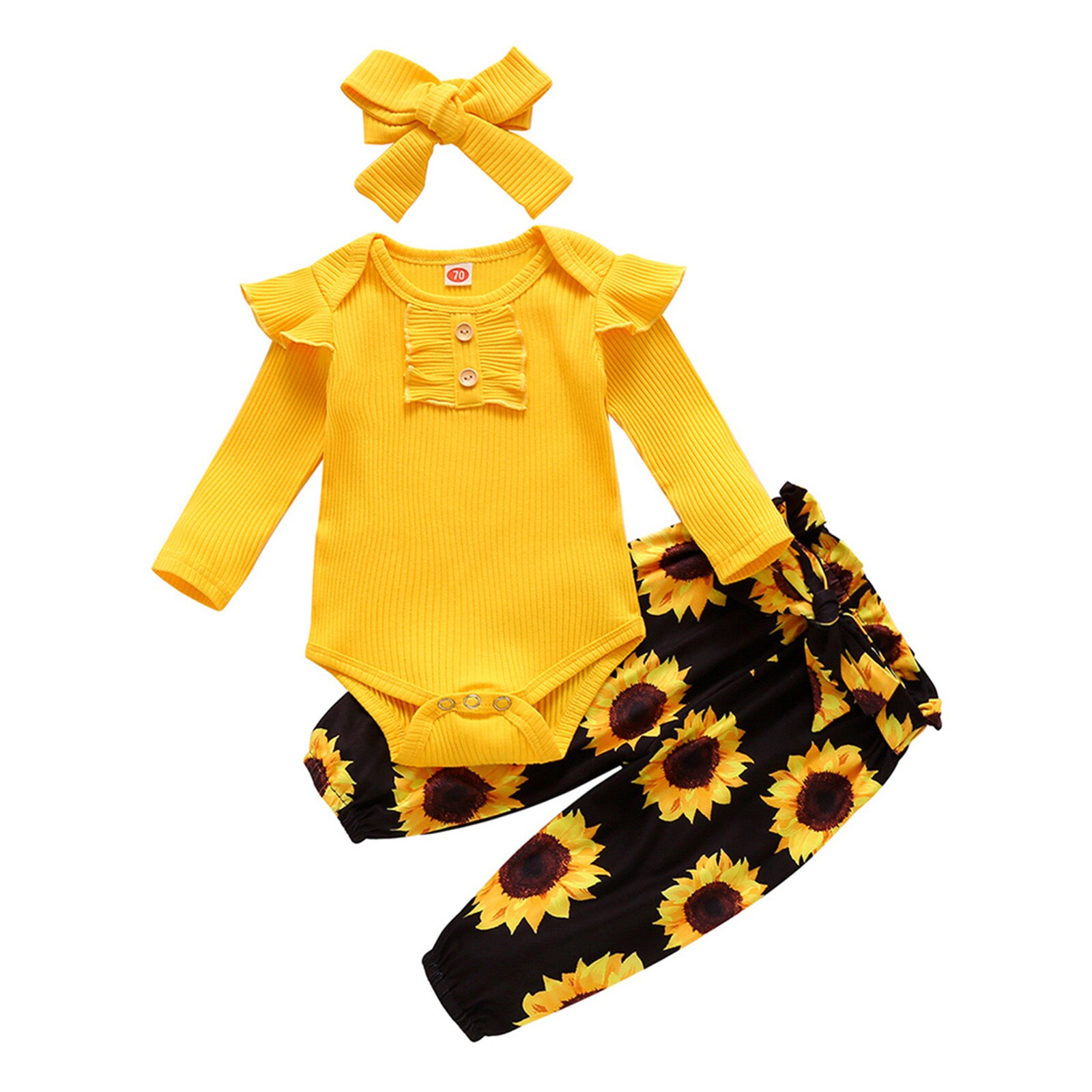 Vêtements pour bébés -né pour filles, barboteuse unie à volants, pantalon Floral, bandeau, vêtements d'hiver: YELLOW / 9M