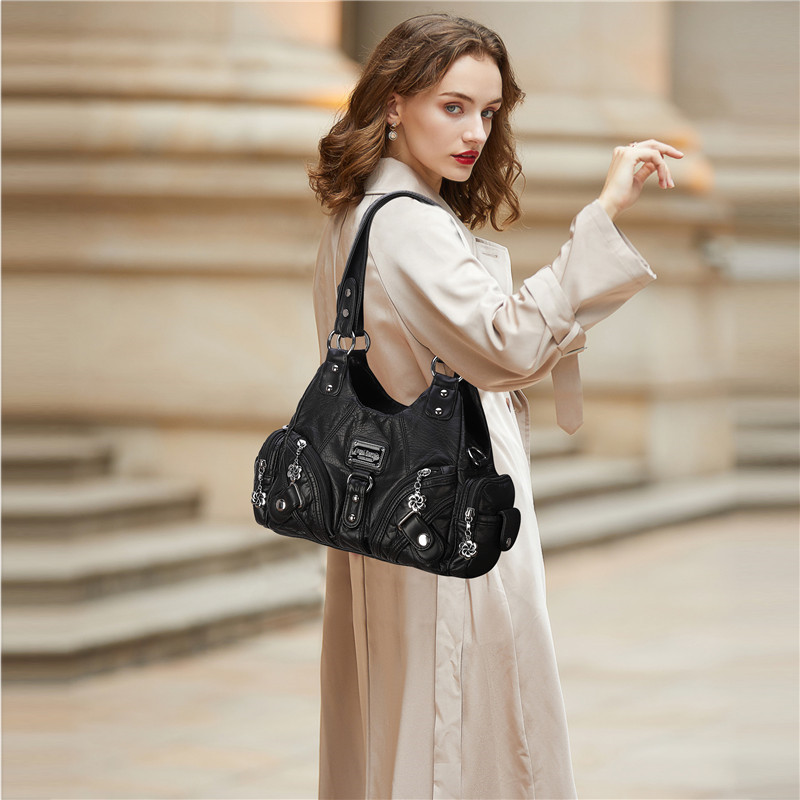 Women Vintage Purse Small Female Shoulder Bag Cute Tote Wash Faux Leather Handbag with Long Strap