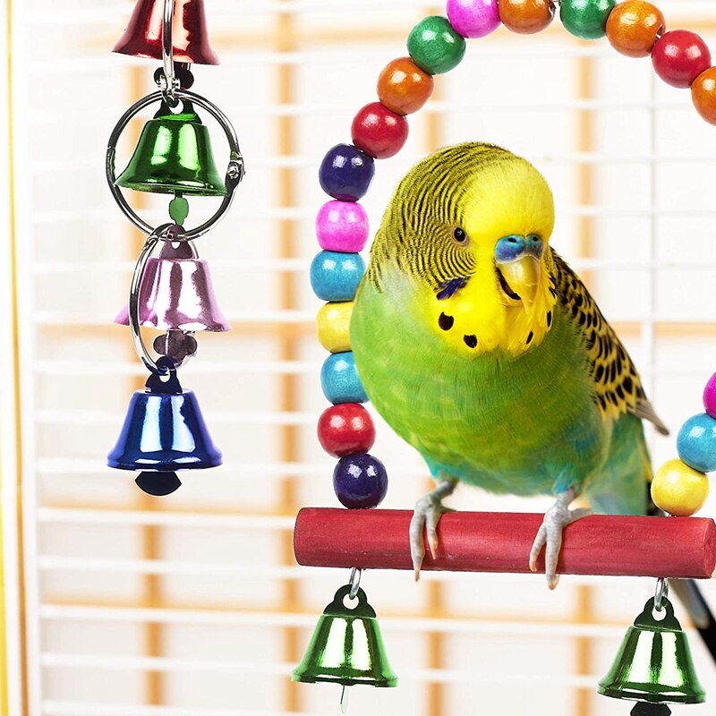 Juguetes de jaula de pájaros para loros, columpio colgante de madera, con cuentas y campanas de bolas, fiable y masticable, paquete de 10 unidades
