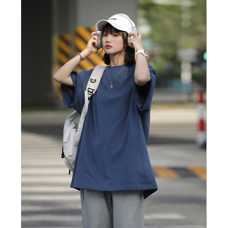 Camiseta informal de algodón puro de gran tamaño para mujer, ropa de calle japonesa de talla grande 5XL, camiseta de manga corta de Color sólido a la: 4XL / Azul marino