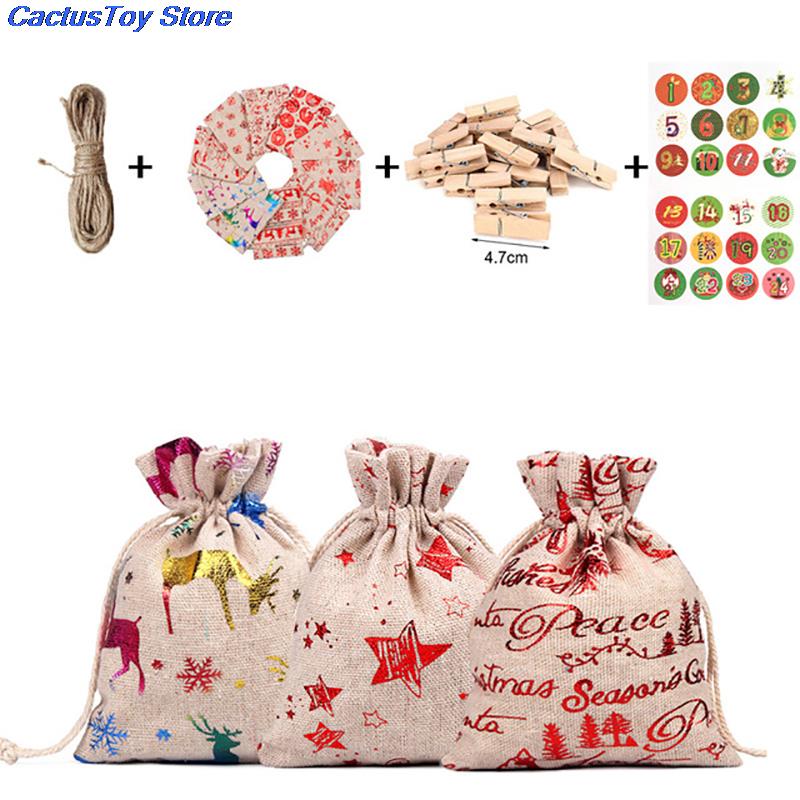 24pcs 1-24 Numbers Bag Christmas DIY Advent Calendar Ornament Christmas Bags Calendar Countdown Bag Candy Storage Pouches