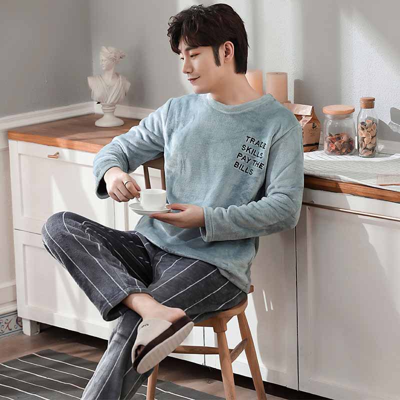 Pijamas gruesos cálidos para hombre, traje de franela gruesa de talla grande, ropa de casa informal de manga larga, forro polar coral, otoño e invierno, novedad de 2022