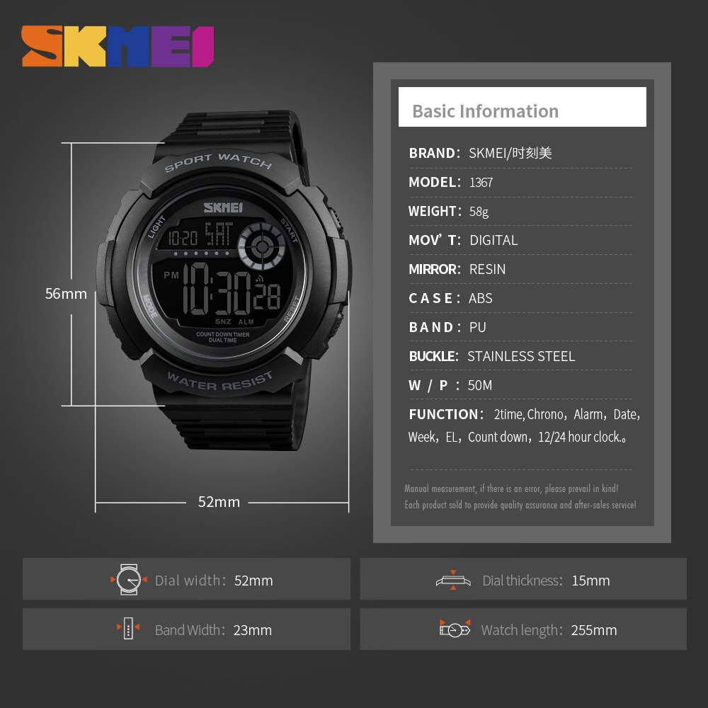 SKMEI Casual Sport Watch Men 5Bar Waterproof Chronograph Watches Alarm Clock Digital Watch Relogio Masculino 1367