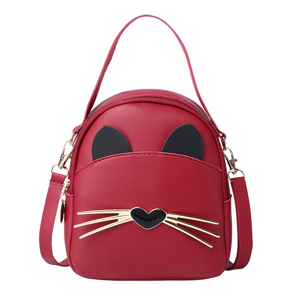 Female Solid Color Leather Backpack Women Multi-function Zipper Shoulder Bag Ladies Cartoon Cats Student Backpacks