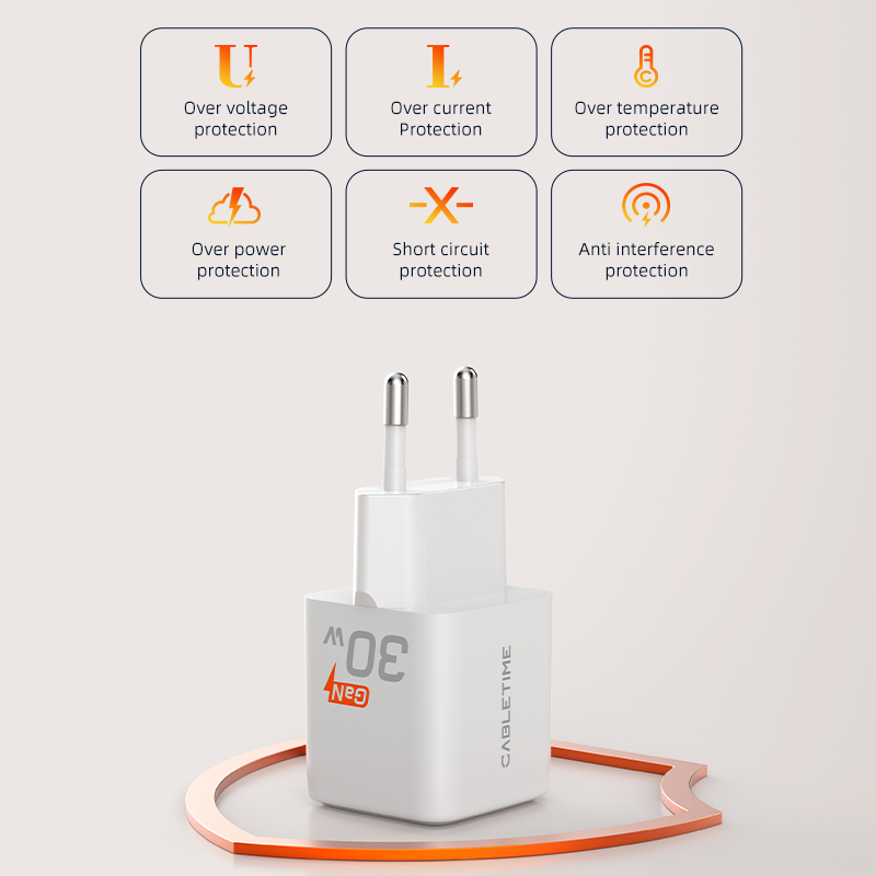 Cabletime pd-oplader gan 30w pd  qc 3.0 snellader usb-c telefoonoplader type-c snelladen voor iphone 16 pro macbook laptop