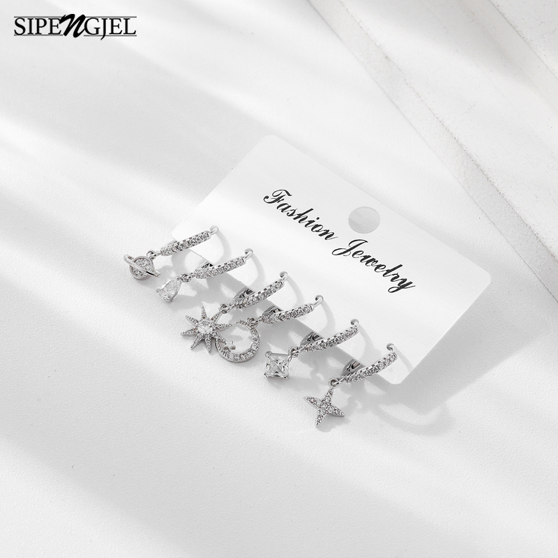 SIPENGJEL orecchini a cerchio in cristallo di zircone lucido di moda Set orecchini pendenti a forma di stella geometrica per gioielli da donna 2021
