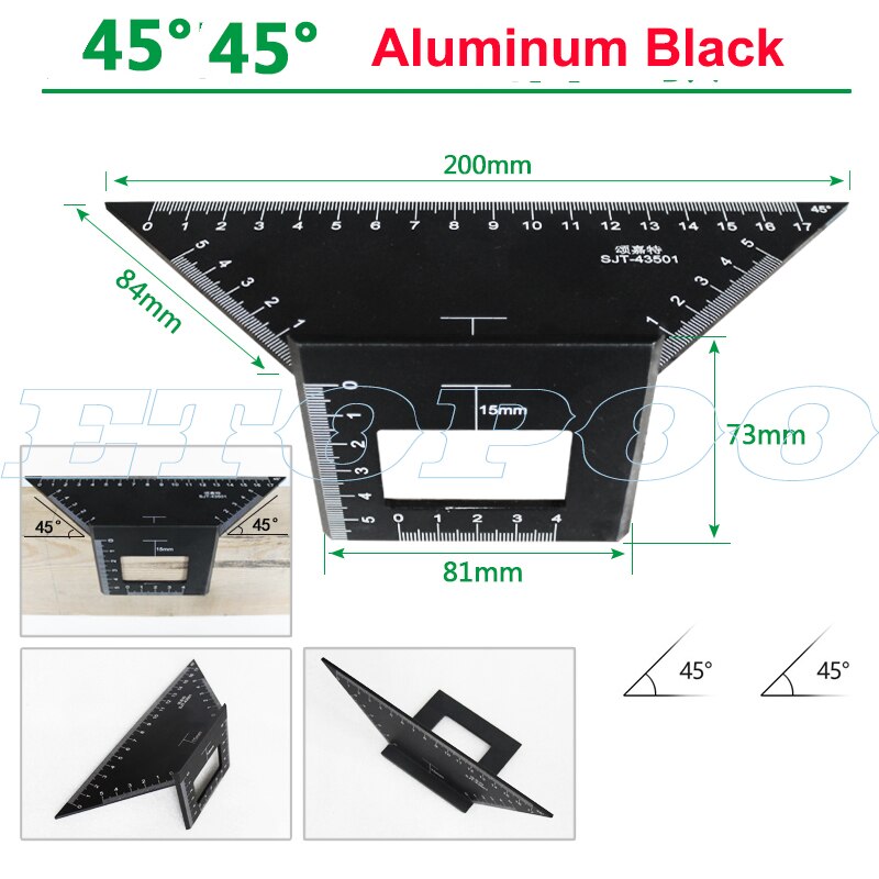 Japanese Aluminum Alloy woodworking Multi functional Square 45 degrees 90 degrees gauge ruler plastic Angle Protractor: double 45 black