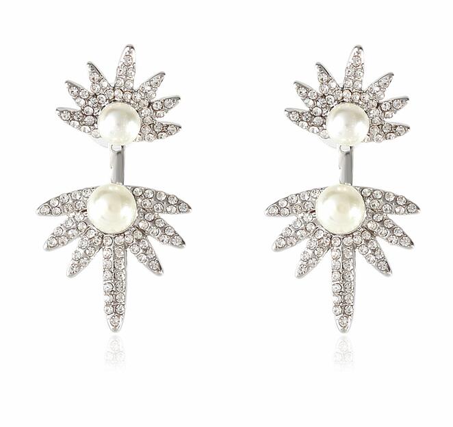 Hfarich Folha de Pérolas de Cristal Brinco Casacos Brincos Voltar Manguito Jóias Pregos Orelha Piercing Brincos Declaração Do Parafuso Prisioneiro para As Mulheres: BANHADO EM PRATA