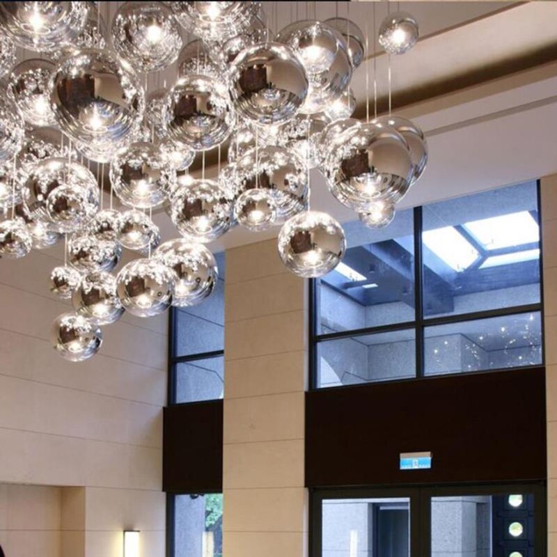 Moderne sølv spejl kugle pendel globe glas led  e27 boligindretning stue soveværelse villa luksus hængende lysarmaturer