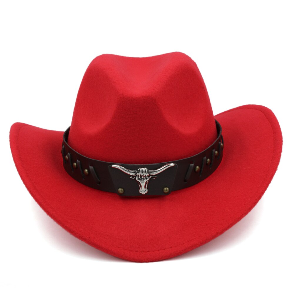 Mistdawn Womem Men Wool Blend Western Cowboy Hat Wide Brim Cowgirl Jazz Sombrero Cap Tauren Leather Band: Red