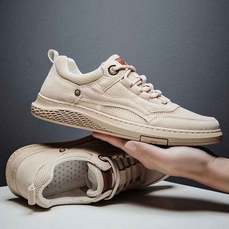 Mænds fritidssko sneakers til mænd lejligheder undersko vandresko britisk stil sko snøre pu gaze mænd sko hvid: Beige / 43