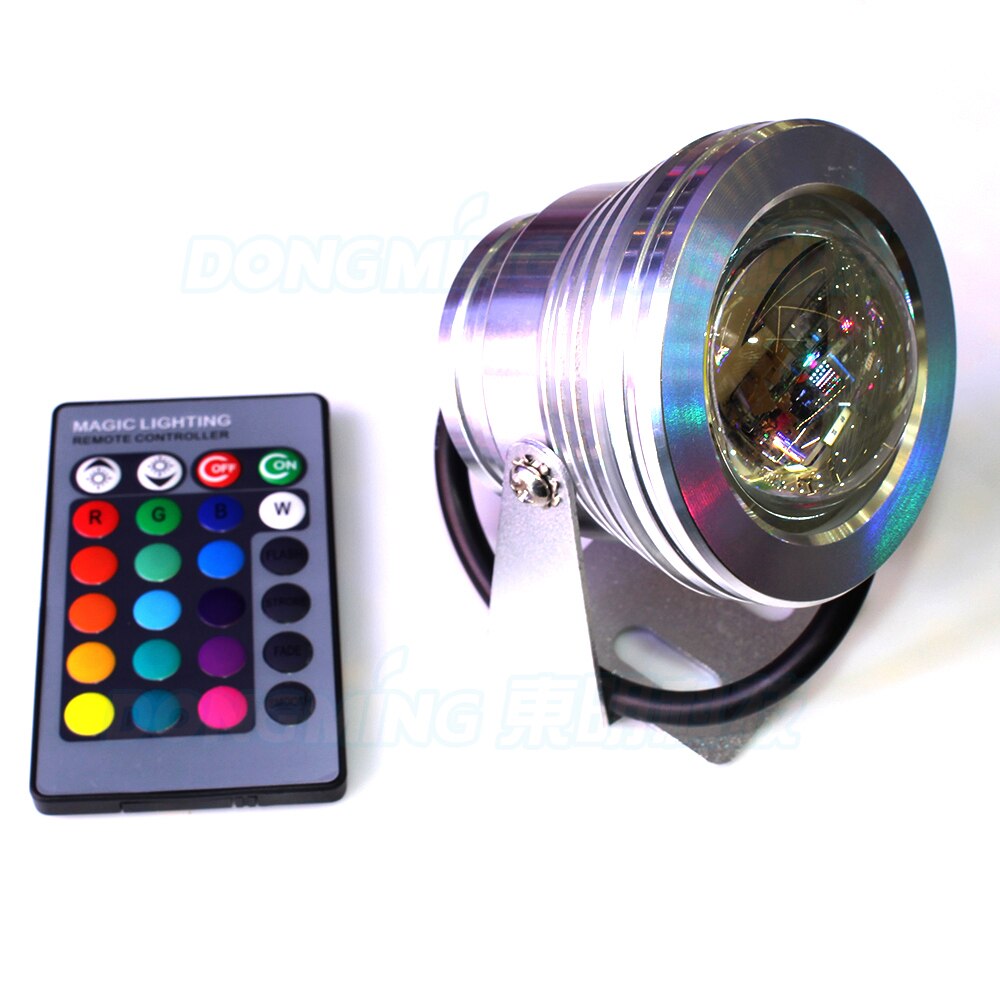 Fountain flood light 12v RGB underwater led lights IP68 10W rgb pool lights convex lens +24key controller+ 12v 10w power supply
