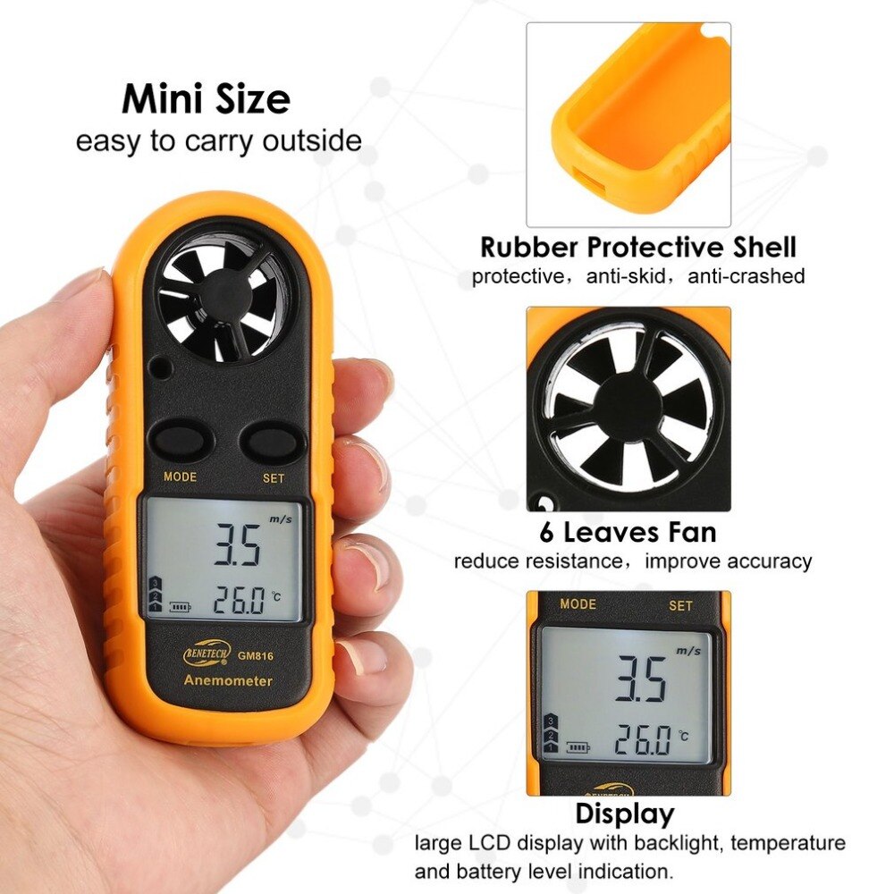 BENETECH GM816 Digital Anemometer Thermometer Wind Speed Air Velocity Airflow Temperature Gauge Windmeter with LCD Backlight