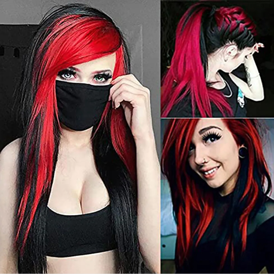 HAIRJOY Parrucca da donna per capelli sintetici lunghi rossi neri dritti resistenti al calore con frangia laterale per costume di Halloween: naturale nero