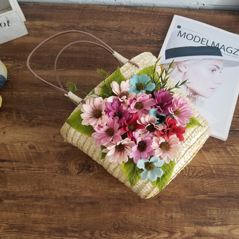 Korean Vintage Style Women Straw Bag Drawstring Beach Tote Bag Artificial Flower Woven Handbag Flower Bags With Rattan Handle