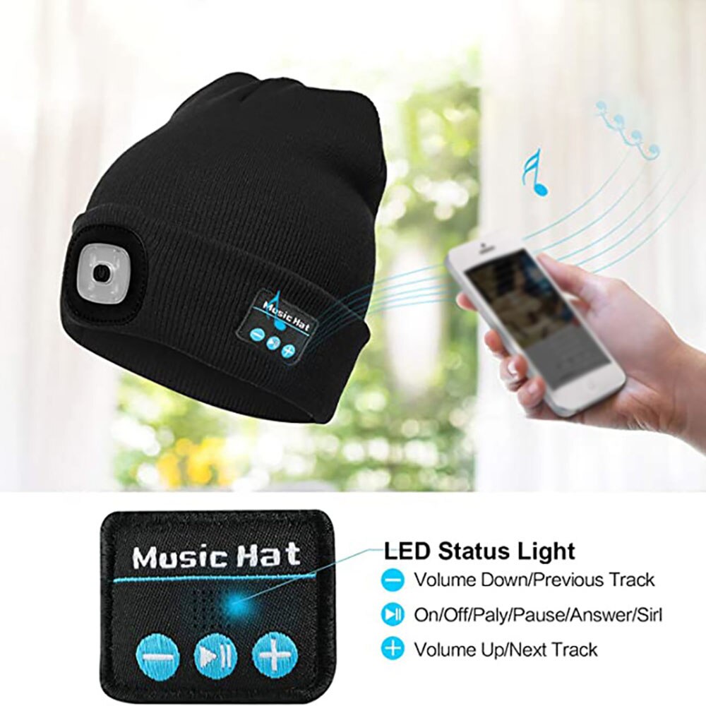 Vinter beanie hat trådløs hætte hovedtelefon headset førte lys stereo musik hovedtelefon hætte bluetooth strikket hat