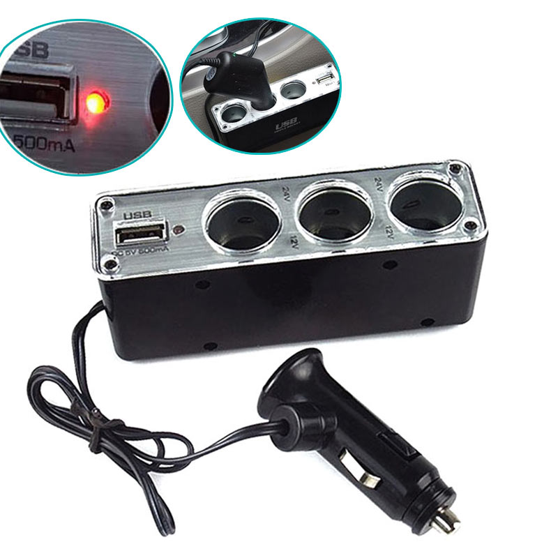 3 Way Socket Sigarettenaansteker Splitter USB Plug Charger DC 12 V/24 V Triple adapter Met Usb-poort V-Best
