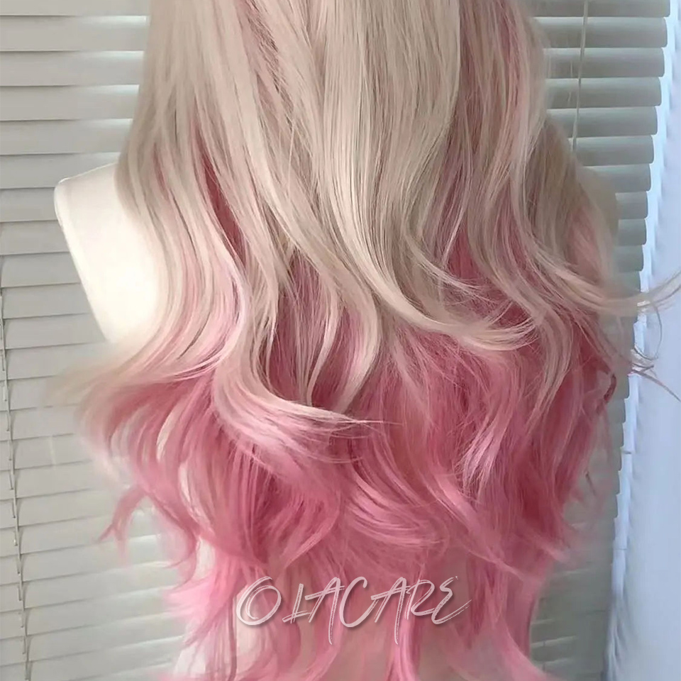Olacare lockig lång vågig rosa blond syntetperuk med spets framtill och fluffig lugg lämplig för dagligt bruk