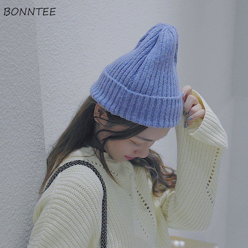 Huer kvinder solid strikket varm blød trendy hatte enkel koreansk stil dame uld afslappet kasketter matchende hue