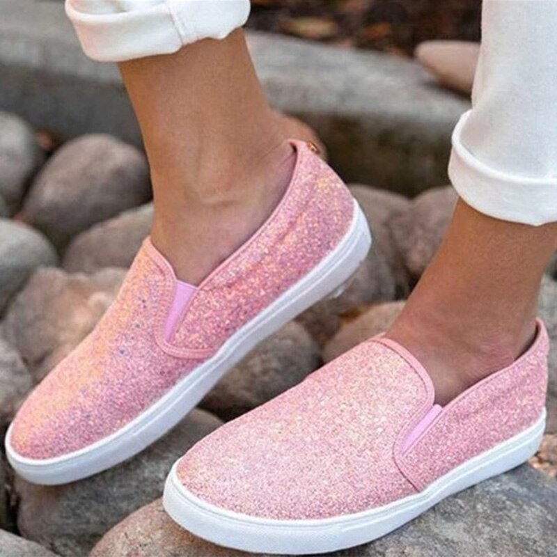 Kvinder flade sko dame elastik platform band bling glitter kvinde forår udendørs lejligheder kvinde slyngplanter afslappet glans kvinde: Lyserød / 38