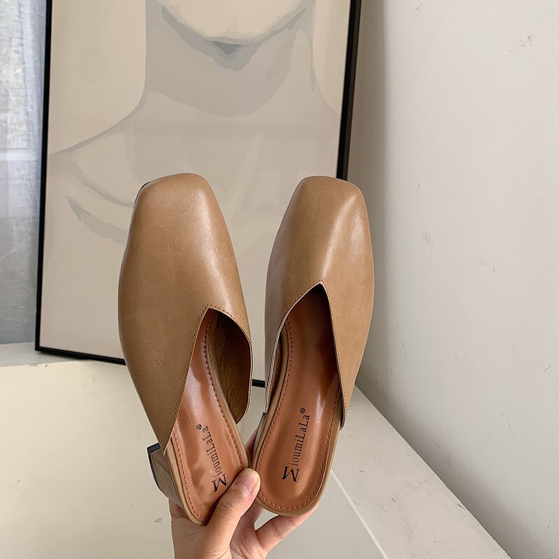 retro Oma Maultiere Schuhe Damen lässig Leder Hausschuhe Hause Ich bin Freien Rutschen Med-hoch Fersen kippen-Flops Femme Karree pantufla