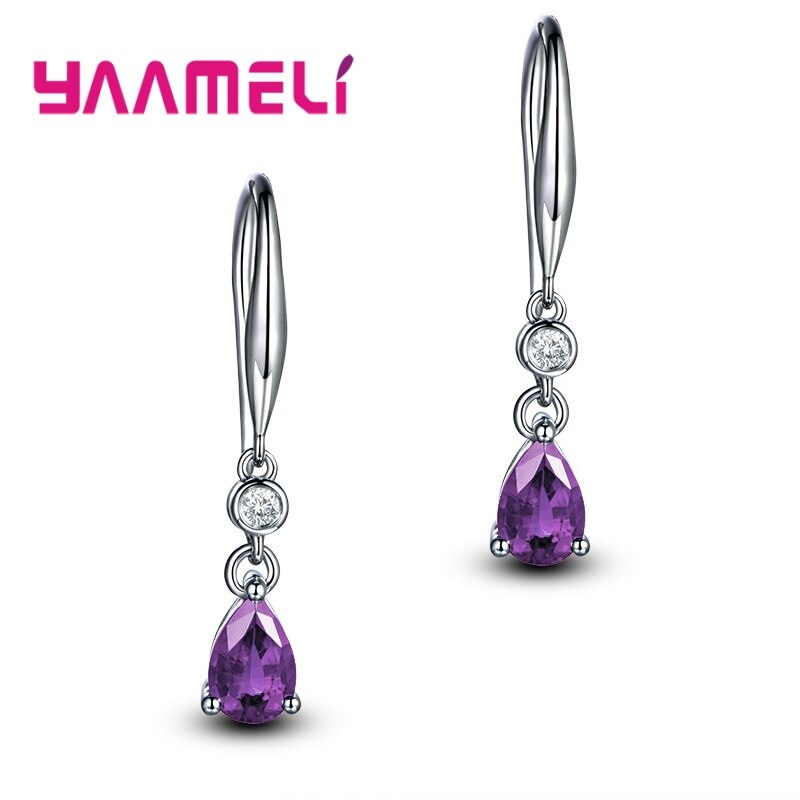 925 Sterling Silver Earrings for Women Long Wedding Jewelry Accessories Smooth Tears/Waterdrop Pendientes: Purple