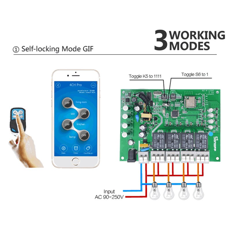 Sonoff 4CH Pro R3 Wireless Switch RF 433MHz RF WiFi Smart Home WiFi Light Switch4 Gang 3 Working Modes Inching Interlock Alexa
