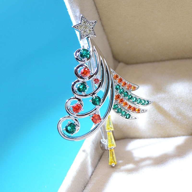 CINDY XIANG Red And Green Color Cubic Zirconia Christmas Tree Brooch Copper Jewelry