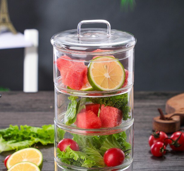 1200 ml 3-layer glass can kitchen food bulk container set for spice dry fruit storage tank salad bowl box