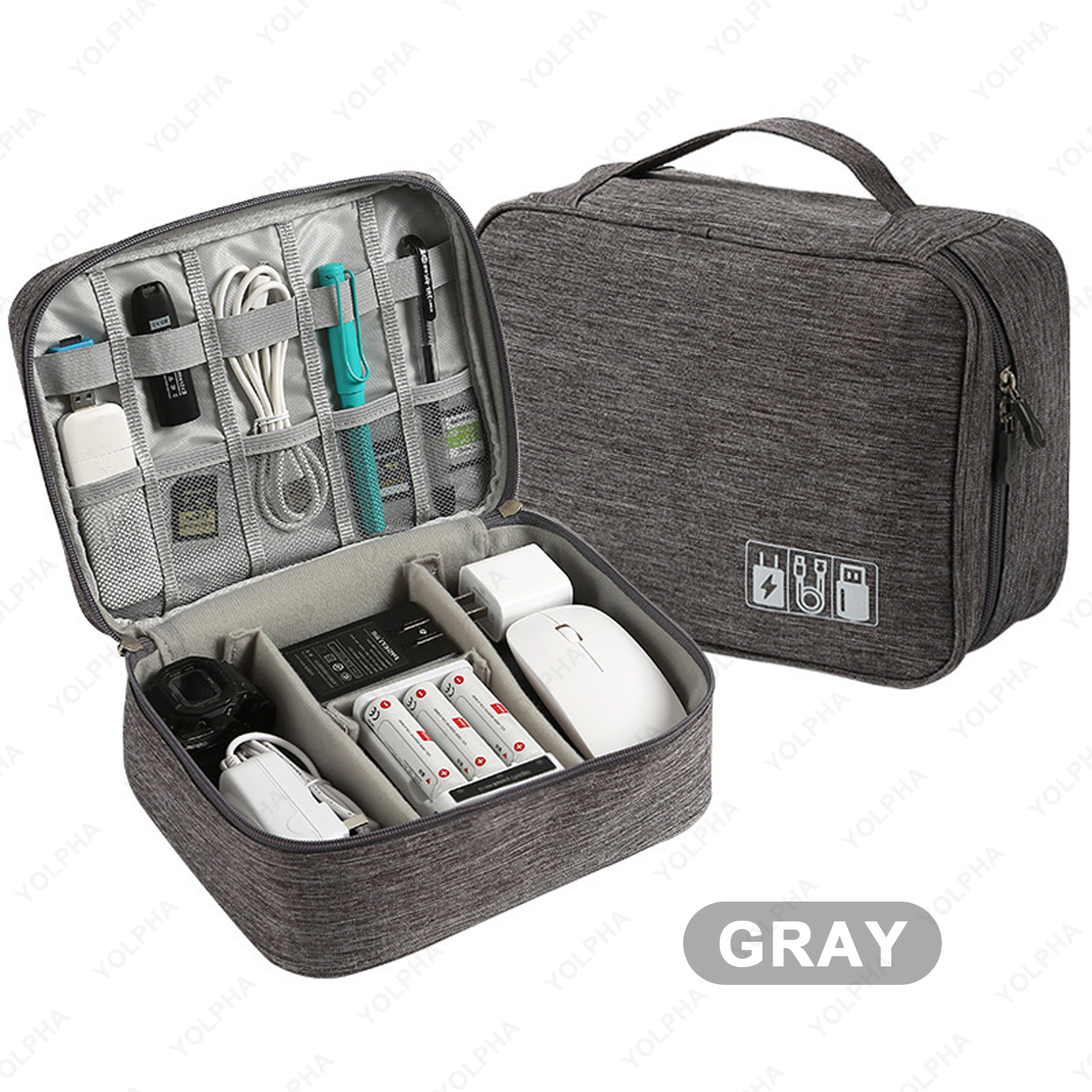 Bolsa organizadora de cables de viaje, estuche para accesorios electrónicos, bolsa de almacenamiento de cables portátil de doble capa para cargador de teléfono, FlashDrive: Gris