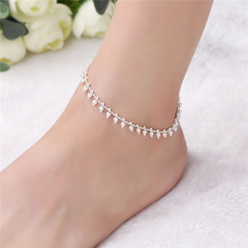 Barefoot Sandal Anklet Chain 925 Sterling Silver Anklet Beaded Pearl Foot Jewelry For Women Simple Style Anklets 5B134